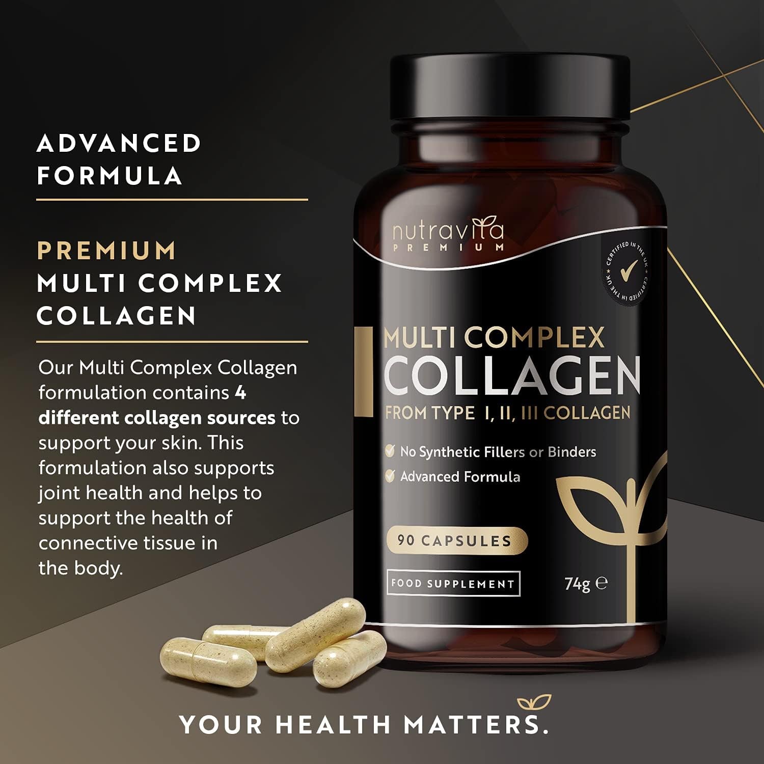 Premium Multi Collagen Protein Capsules with Type I, II, III - Includes Hydrolysed Grass Fed Bovine Collagen, Marine Collagen, Hyaluronic Acid, Turmeric - 90 Capsules - Made in the UK by Nutravita
