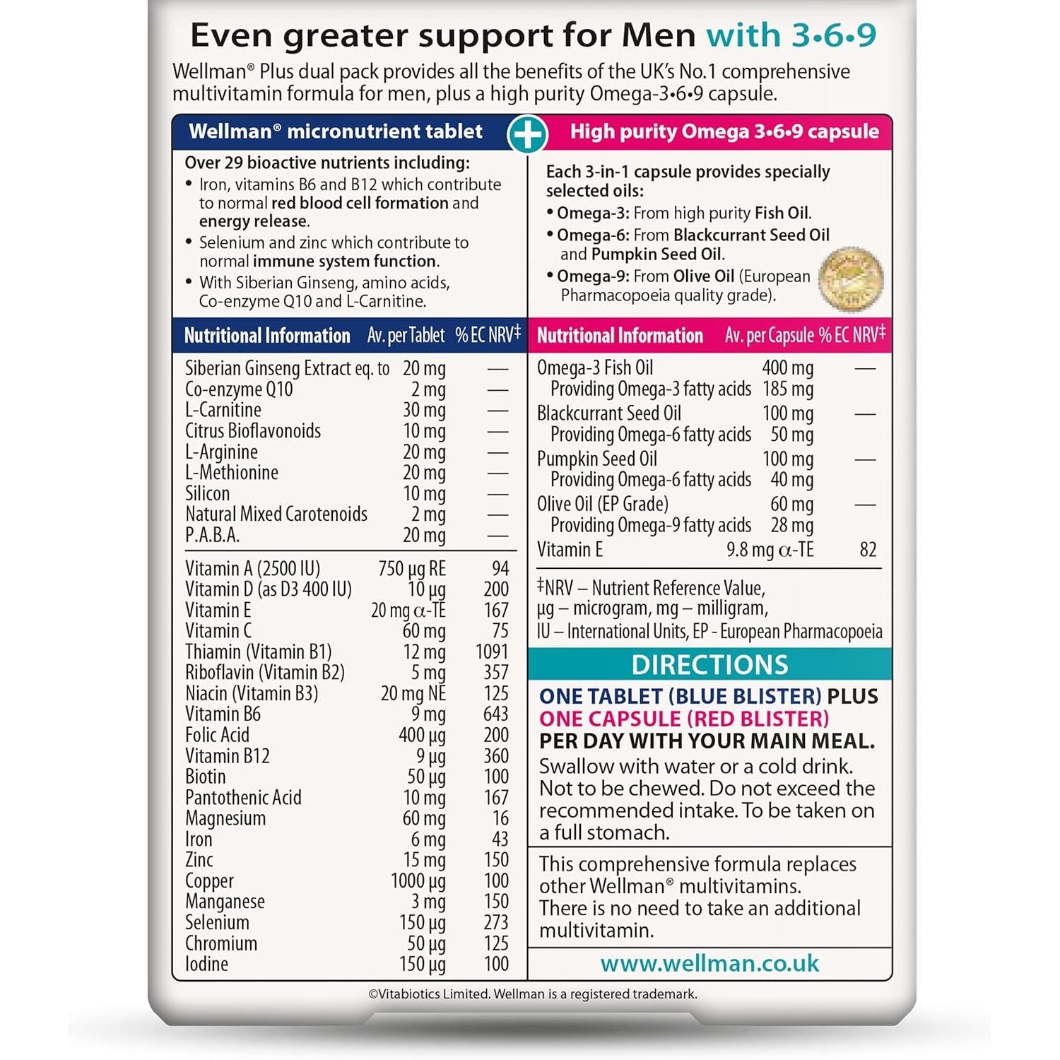 Wellman plus Vitamins. Uk'S No.1 for Men. Comprehensive Multivitamin Formula with Vitamin D, Omega 3-6-9 and Micronutrients. by Vitabiotics