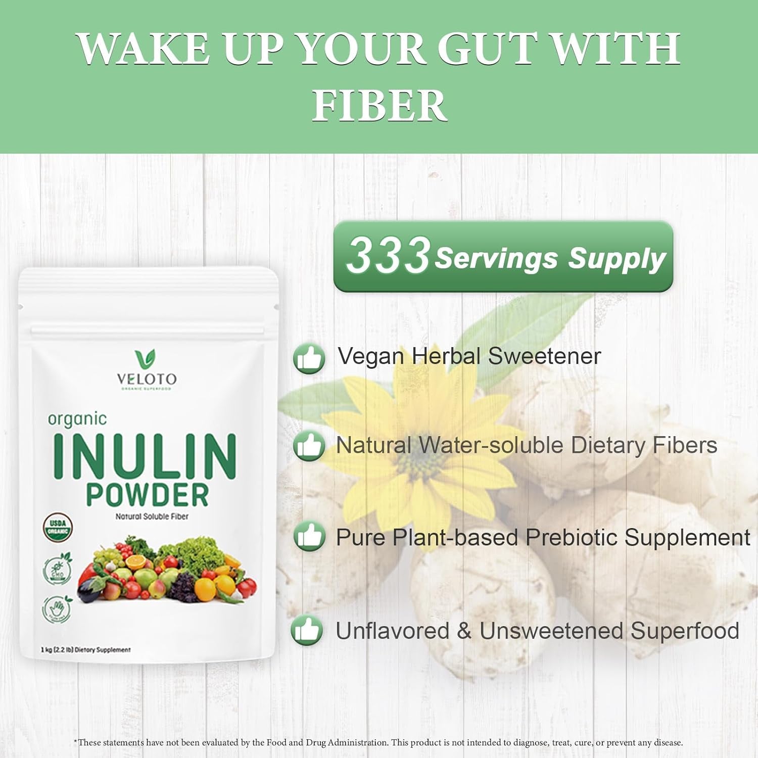 Organic Inulin Powder, Soluble FOS Inulin, Fiber Prebiotic Intestinal Support, Enhances Calcium Absorption, Vegan Friendly, Non GMO, Natural Fibers for Smoothie & Drinks, 2.2 Lbs/1 Kg