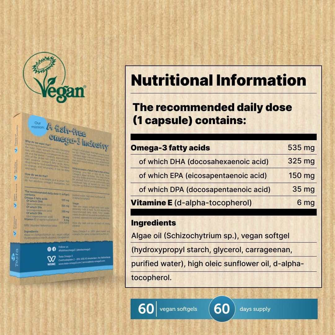 Vegan Omega 3 Supplement - High Strength 325Mg DHA + 150Mg EPA per Capsule - 1 Capsule a Day - Supports Heart, Brain, Joint Health - Plant-Based Omega 3 from Algae Oil - 2 Months Supply