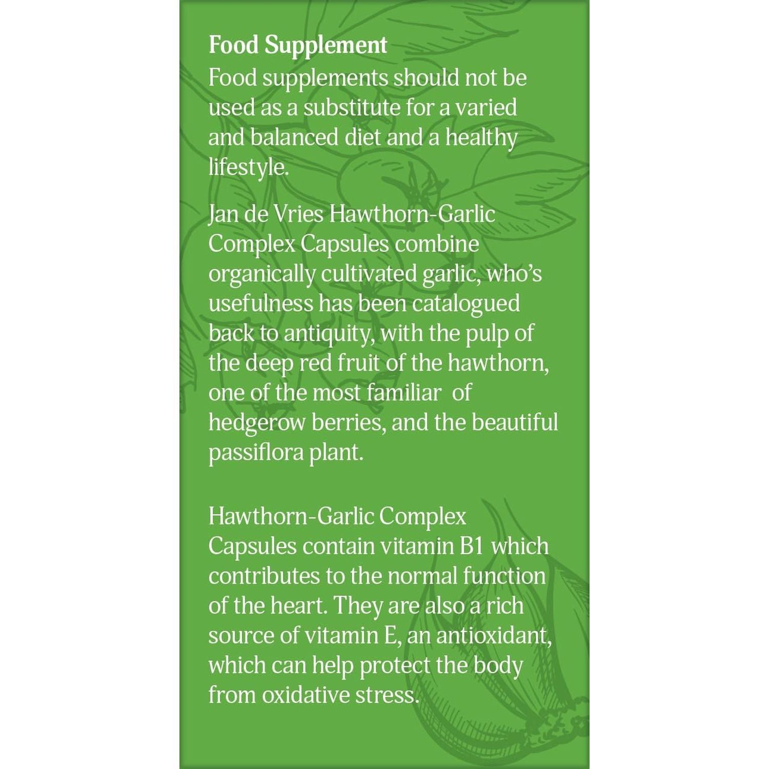Jan De Vries Hawthorn-Garlic Complex | Rich Source of Natural Vitamin E, an Antioxidant | Contains Vitamin B1 Which Contributes to Normal Heart Function | 90 Capsules