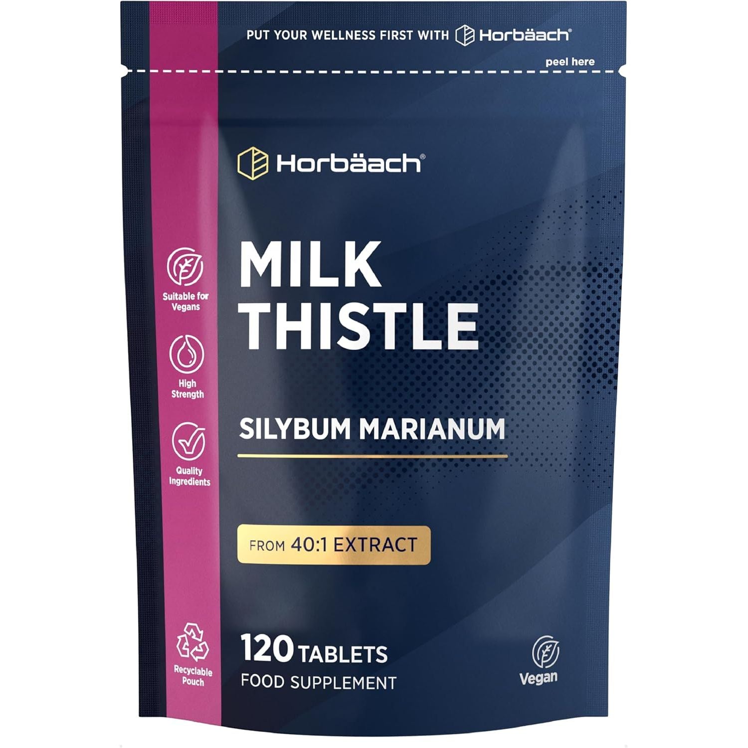 Milk Thistle Tablets | High Strength 120 Vegan Tablets | Silybum Marianum Extract | Recyclable & Resealable Pouch | by Horbaach