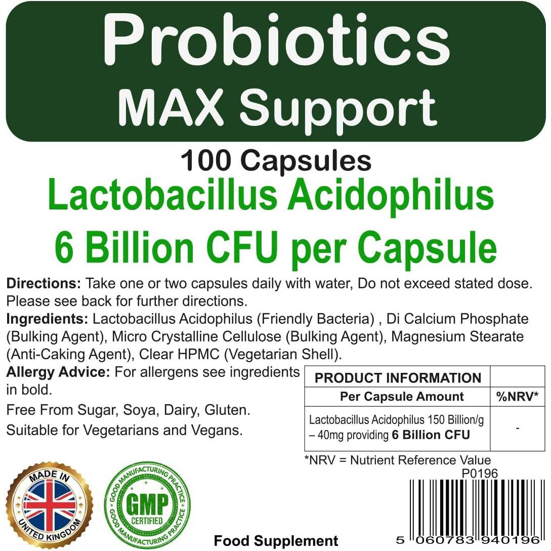 Probiotics Capsules Max Support 6 Billion CFU 100 Pack by Proaid | Healthy Gut | Digestion Support | Bio Cultures | Premium Vegetarian Capsules