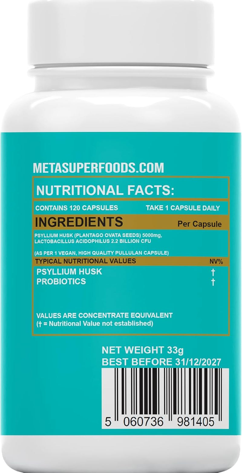 Fibre Supplement 5000Mg Psyllium Husk with Acidophilus Probiotics | 120 High Strength Vegan Capsules | Natural Soluble Fibre from Plantago Ovata Seeds 1-A-Day Digestive Support | 4 Months Supply