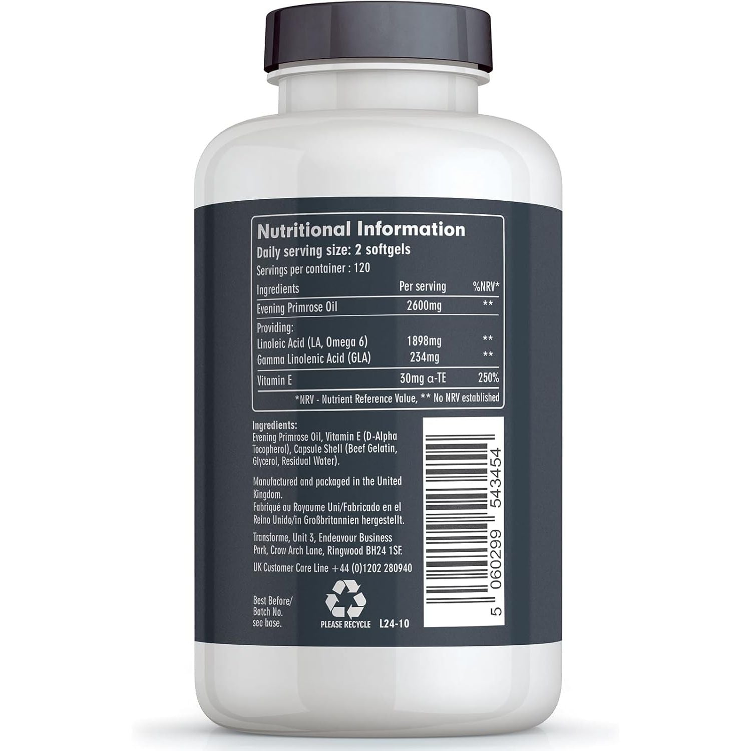 Transforme Evening Primrose Oil Capsules 1300Mg, 240 Softgels, Cold Pressed Omega 6, GLA & LA, Gluten Free