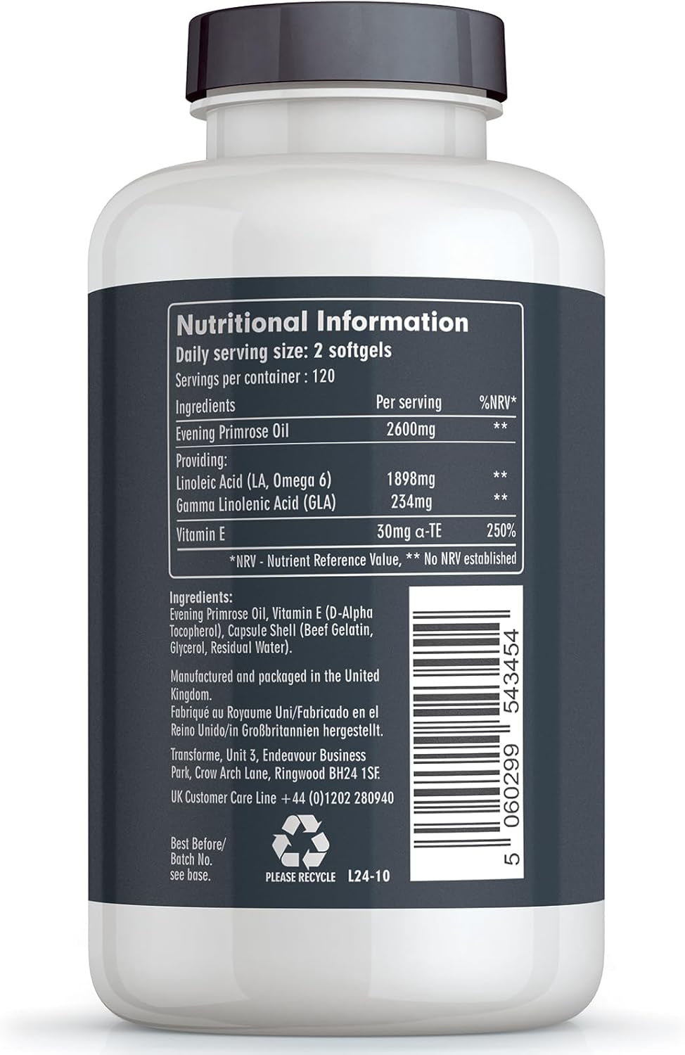 Transforme Evening Primrose Oil Capsules 1300Mg, 240 Softgels, Cold Pressed Omega 6, GLA & LA, Gluten Free