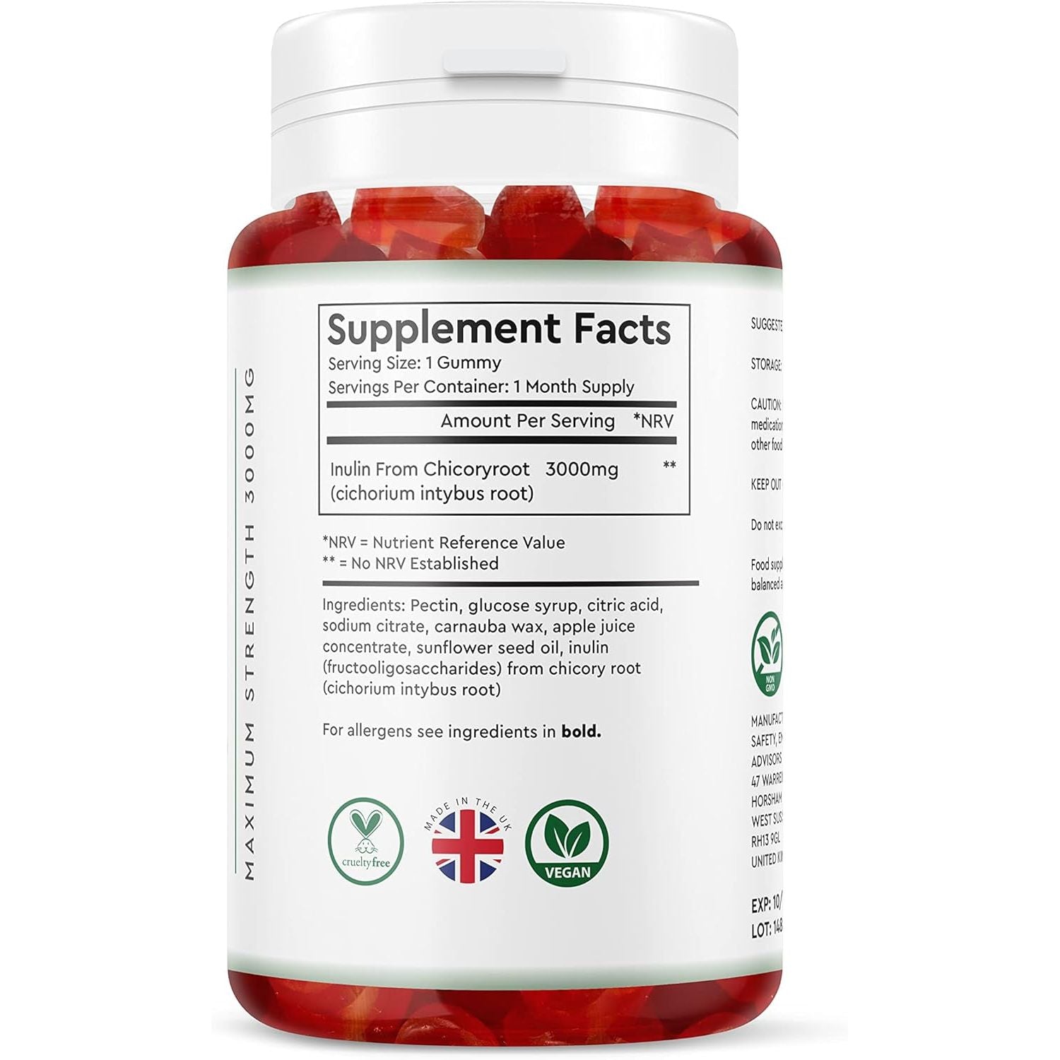 Fibre Gummies 3000MG - Vegan - One Month Supply - Berry Flavour Prebiotic Tapioca Chicory Root - High Strength Fibre Supplement