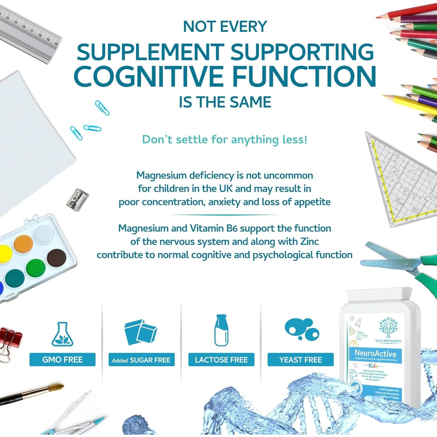 Neuroactive 120 Highly Bioavailable Micro-Tablets - Magnesium Citrate, Zinc Picolinate, Copper Glycinate & Vitamin B6 Balanced for Children and Adults - Vegan - UK Made