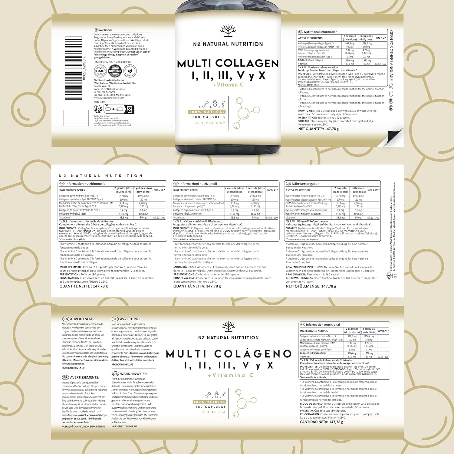 Multi Collagen 1650Mg Type I, II, III, V, X. Bovine, Marine Collagen Peptides 180 Capsules Enhanced with Vitamin C, for Joint Care, Skincare & Hair High Strength Collagen N2 Natural Nutrition