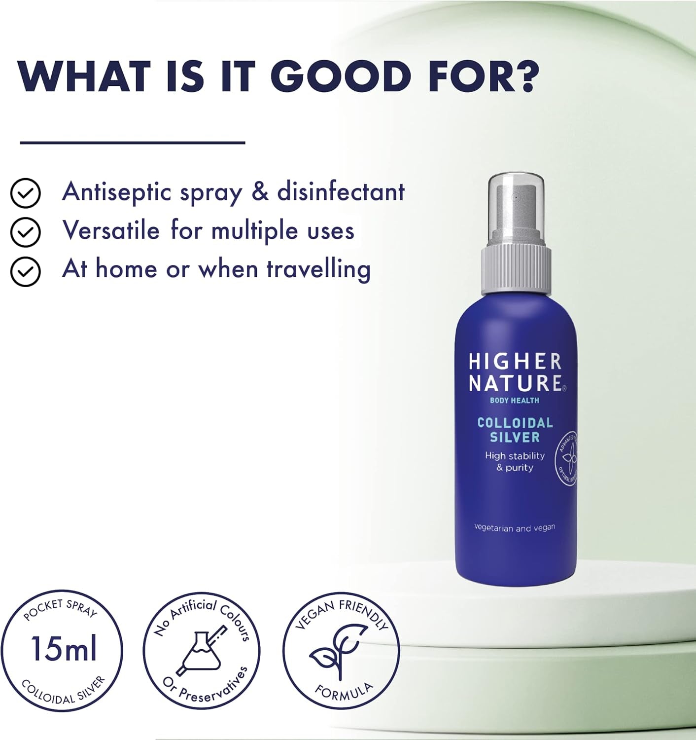 Higher Nature - Colloidal Silver - Purified Water with Premium Grade Silver - Antiseptic Spray, Disinfectant Spray, Colloidal - 15Ml