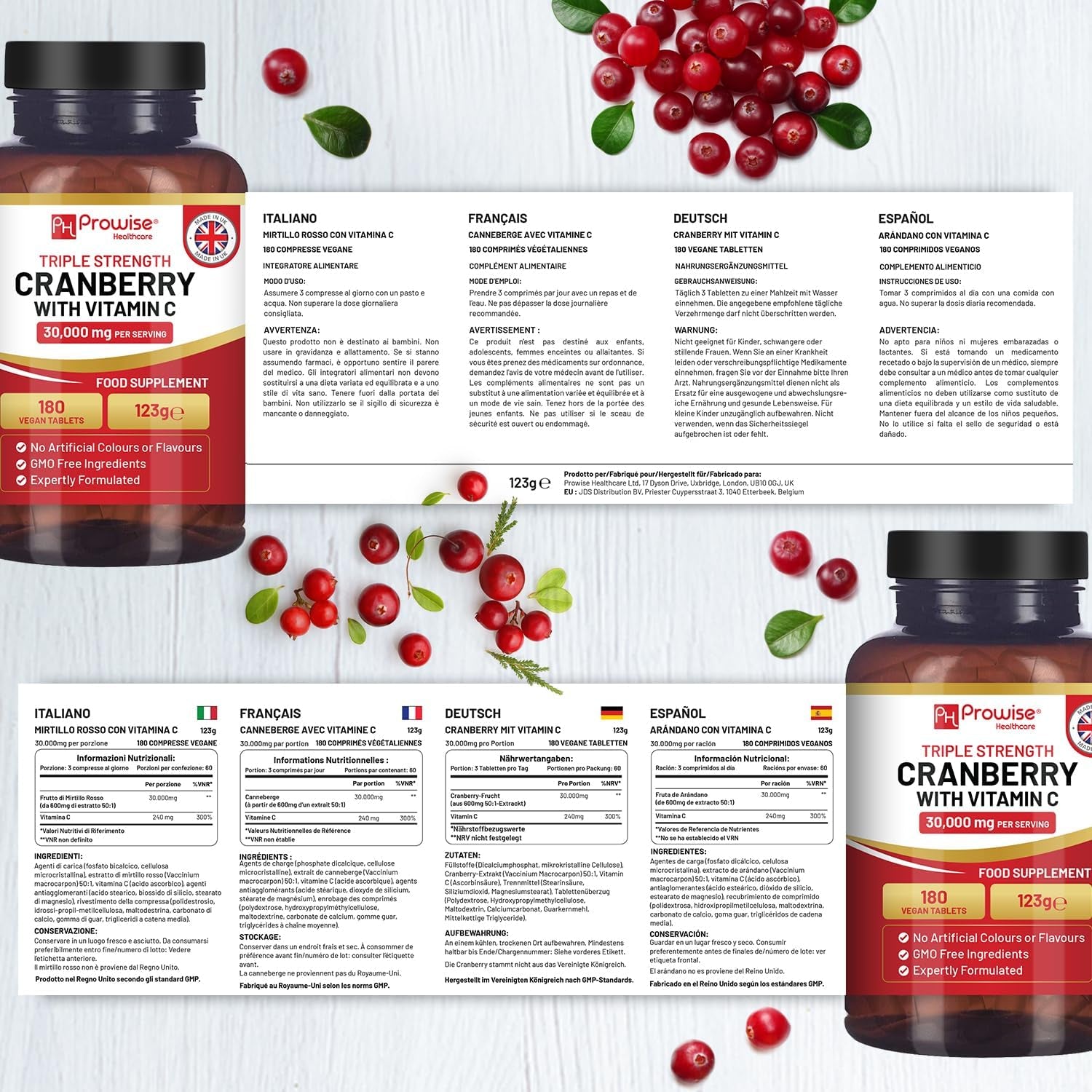 Triple Strength Cranberry 30,000Mg Added with Vitamin C - 180 Vegan Tablets I UTI Support for Women I Easy to Swallow Tablets I Made in the UK by Prowise Healthcare