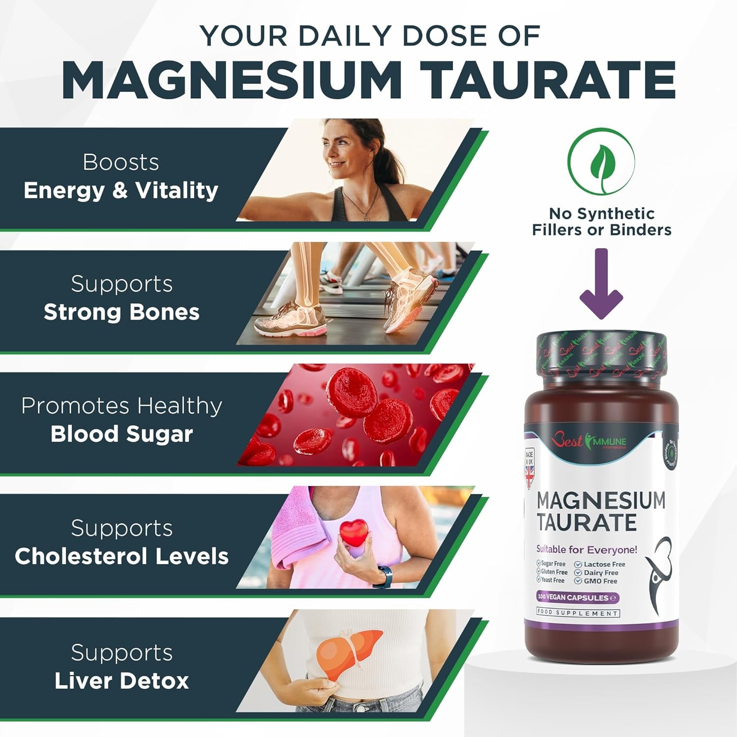 Best Immune, Magnesium Taurate 500Mg Supplement - Strength Balanced Formula for Absorption, Bioavailability, Support Energy & Muscle Function, for Men Women, 500 Mg 100 Capsules, 100 Days Supply