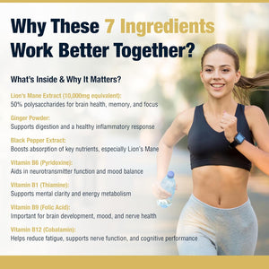 Extra Strength Lion'S Mane - Vegan Capsules for Adults, Pack of 60 Supplements (2 Months) | High Strength 10000Mg, B Vitamins, Black Pepper & Ginger to Support Brain Health | STERLING NUTRITION