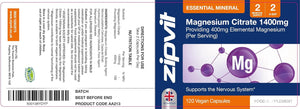 Zipvit Magnesium Citrate 1400Mg, Provides 400Mg Elemental Magnesium, Highly Absorbable for Bone, Muscle & Energy Support. 120 Vegan Capsules, 2 a Day, 2 Months Supply.