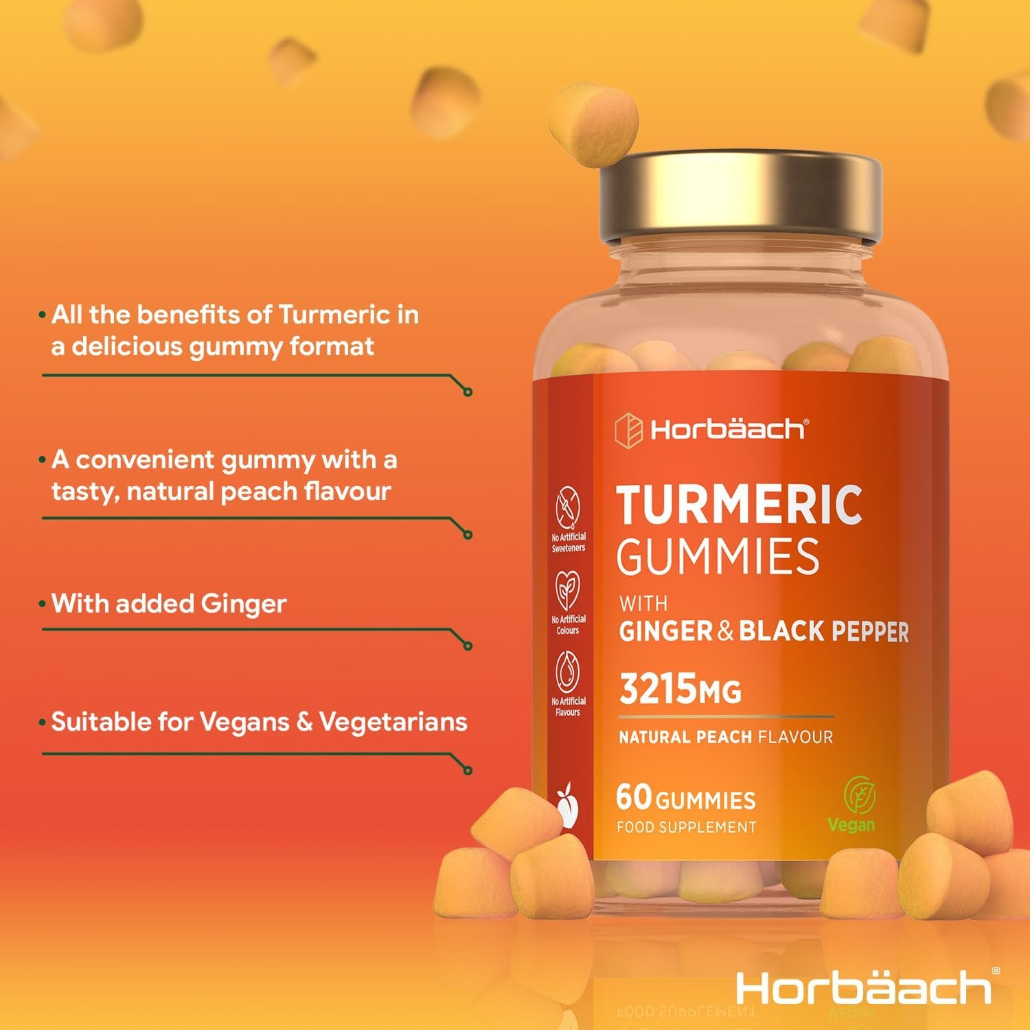 Turmeric Gummies with Black Pepper & Ginger 3215Mg | High Strength Turmeric Curcumin Supplement | 60 Vegan Gummies | Natural Peach Flavour - Tablet Alternative | by Horbaach