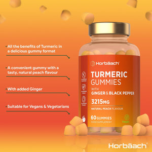Turmeric Gummies with Black Pepper & Ginger 3215Mg | High Strength Turmeric Curcumin Supplement | 60 Vegan Gummies | Natural Peach Flavour - Tablet Alternative | by Horbaach
