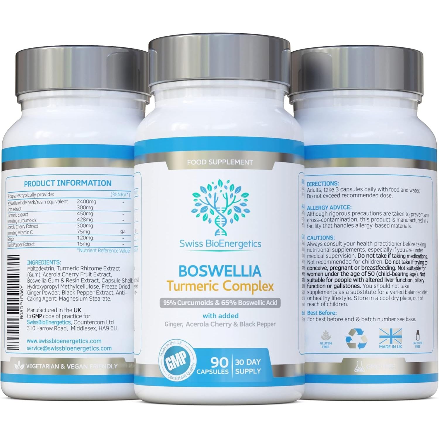 Boswellia & Turmeric Complex – 90 Capsules – Super High Strength Curcumin Containing Minimum 95% Curcumoids & 65% Boswellic Acid - UK Made
