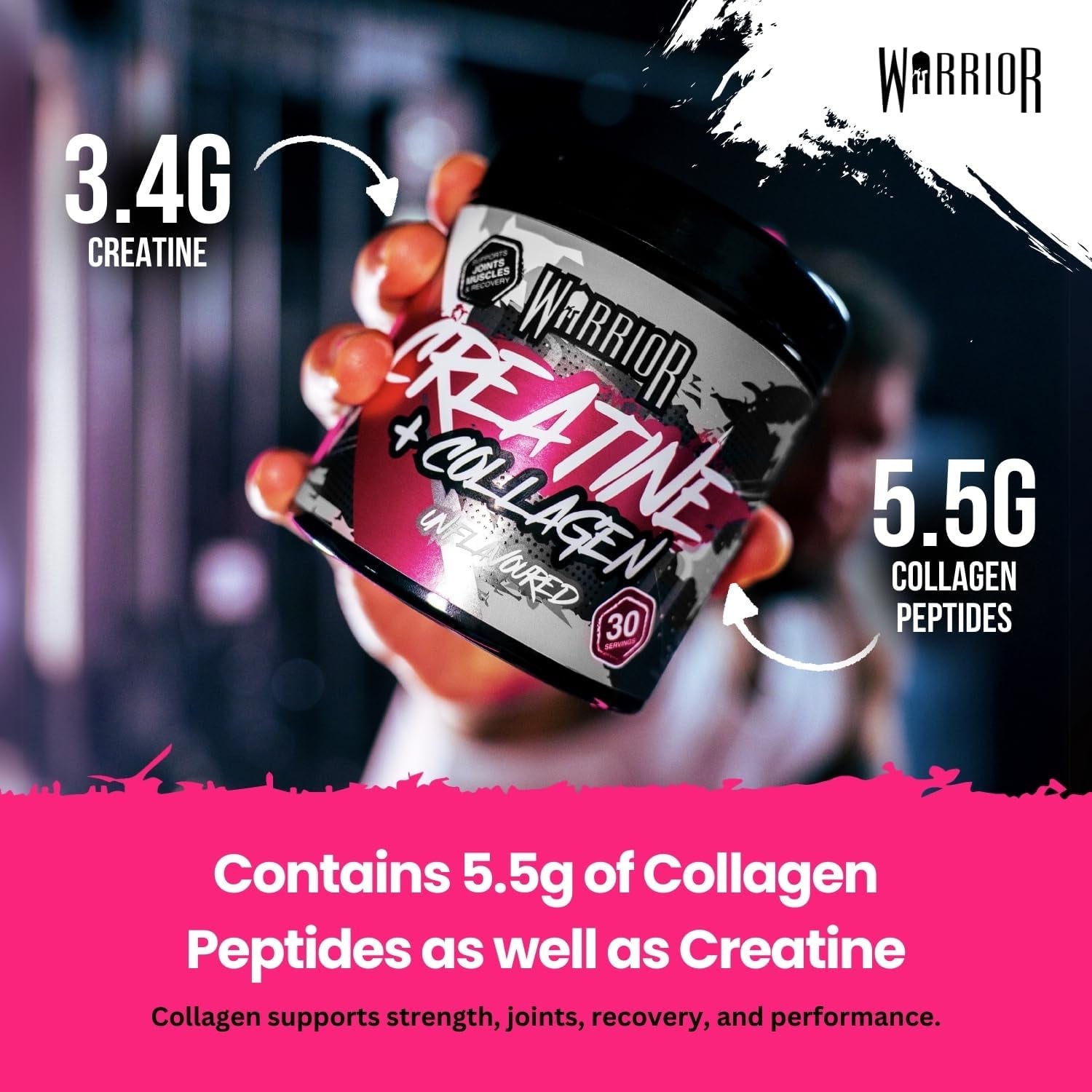 Warrior Creatine Monohydrate + Collagen Powder 270G - Pure Hydrolysed Peptides (Bovine) - Supports Muscle Recovery - Workout Supplement for Women and Men (Not Tablet) - 30 Servings (Unflavoured)