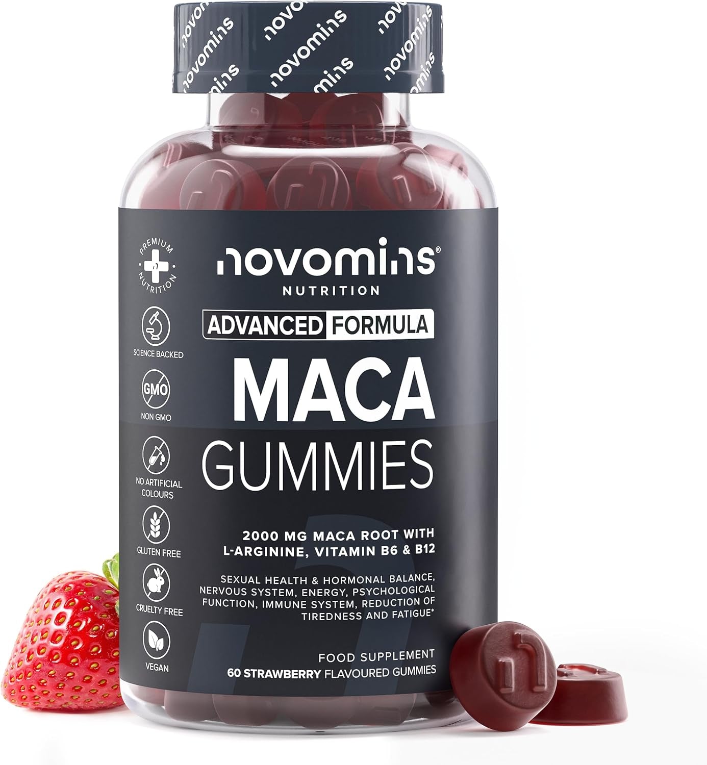 Maca Root Gummies - High Strength Alternative to Maca Powder & Maca Capsules - 2000Mg - Made from 100% Peruvian Maca Root Powder with L-Arginine, Vitamin B12 & B6-60 Count - Novomins