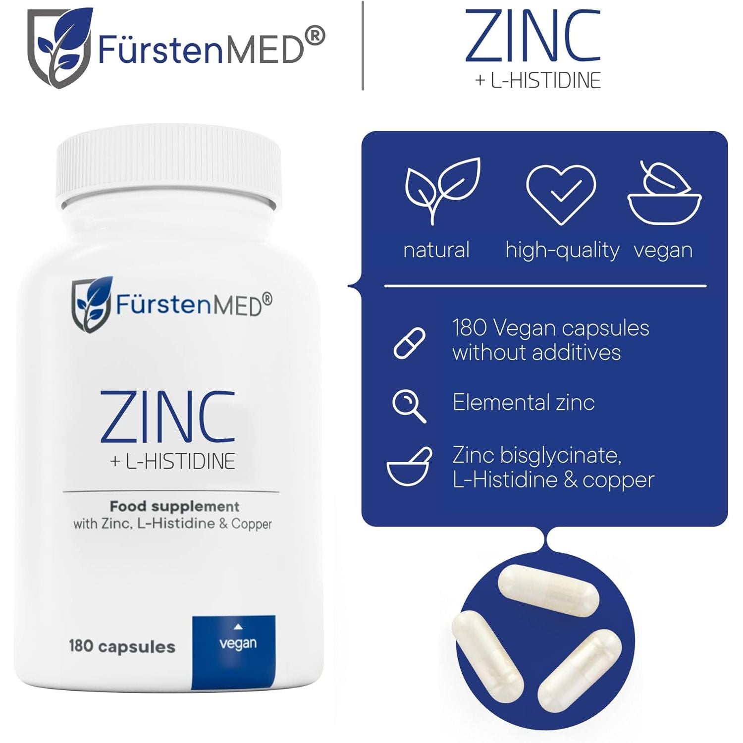 Fürstenmed® 180 Zinc Capsules - 25Mg of Pure Zinc-Bisglycinate with L-Histidine & Copper - Vegan & Additive-Free