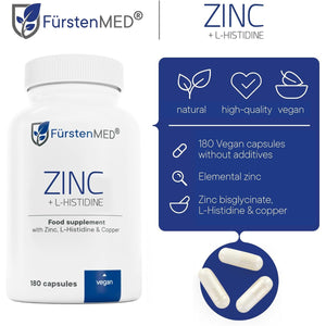 Fürstenmed® 180 Zinc Capsules - 25Mg of Pure Zinc-Bisglycinate with L-Histidine & Copper - Vegan & Additive-Free