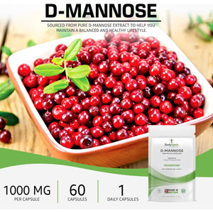 Bodygenix D-Mannose 1000Mg Capsules High Strength UTI Treatment Immune System Support Vegan Food Supplement - 60 Capsules 2 Month Supply