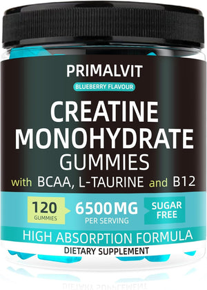 120 Creatine Gummies 6500Mg Sugar-Free Complex – Pre-Workout Creatine Monohydrate + BCAA, L-Taurine, B12 – Max Strength Chewable Gym Supplement – Vegan Gummy Chews for Men & Women – Primalvit