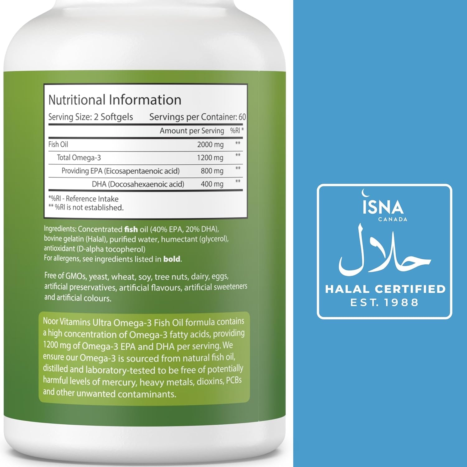 Halal Fish Oil, Halal Vitamins, Fish Oil Halal by Noor Vitamins, Ultra Omega 3 Wild Peruvian Fish Oil (800 Mg EPA & 400 Mg DHA) Heart, Brain & Joint Support, Non-Gmo & Gluten Free (120 Count)