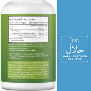 Halal Fish Oil, Halal Vitamins, Fish Oil Halal by Noor Vitamins, Ultra Omega 3 Wild Peruvian Fish Oil (800 Mg EPA & 400 Mg DHA) Heart, Brain & Joint Support, Non-Gmo & Gluten Free (120 Count)