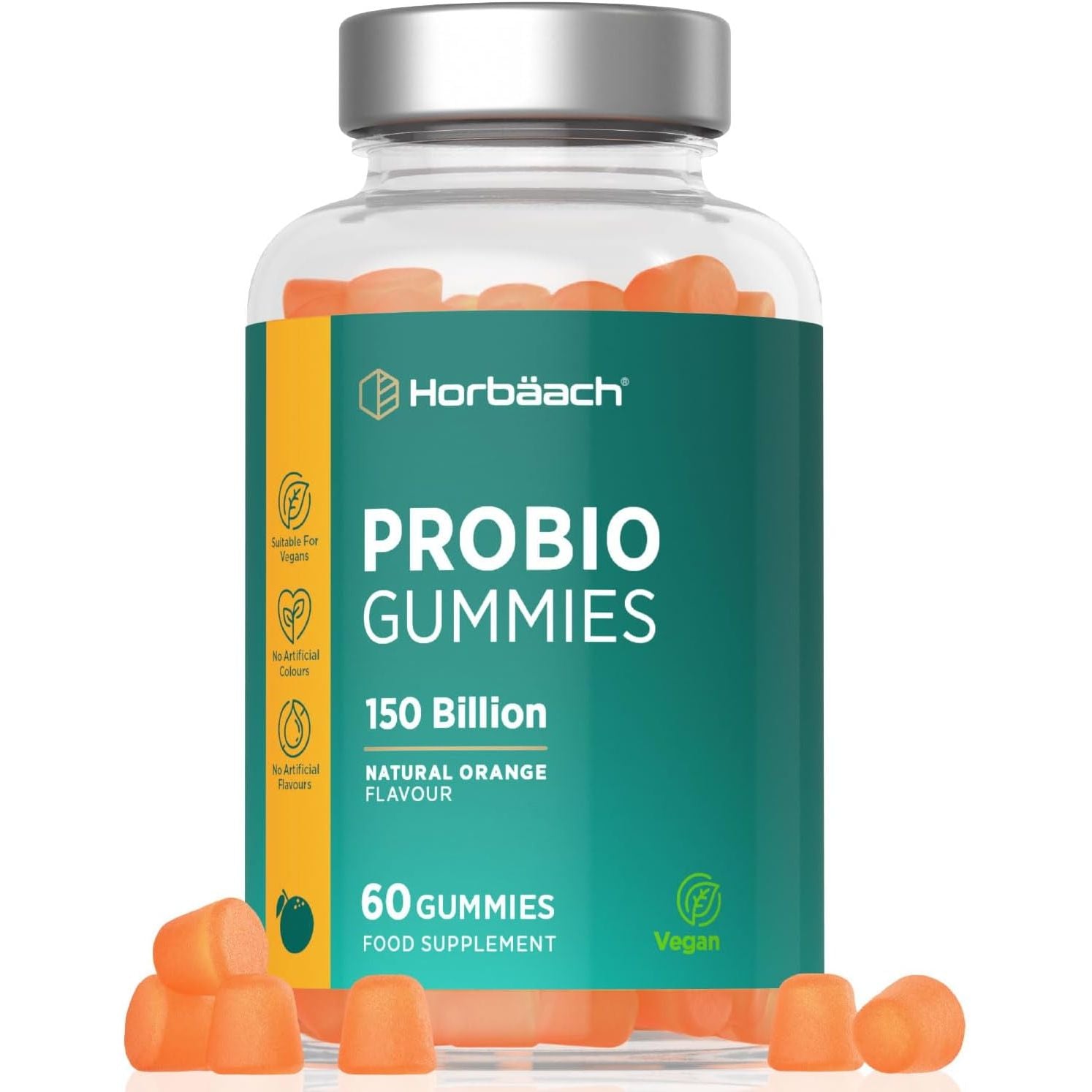 Probio Gummies | 150 Billion Friendly Bacteria per Bottle | Multi-Strain | 5 Billion X 60 Orange Flavour Gummies | for Men & Women | Vegan | 60 Count | by Horbaach