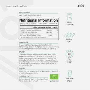 Organic Ashwagandha KSM-66® with Bioperine 1650Mg – 90 Vegan Capsules – 5% Withanolides – Most Bioavailable Full-Spectrum Root Extract – Resealable and Recyclable Pouch by Alpha01