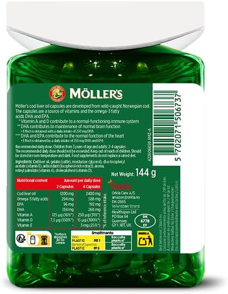 Moller’S ® | Cod Liver Oil Capsules | Omega 3 Fatty Acids DHA & EPA, Contains Vitamin A, D & E, Supports Immune System, Heart Function, Brain Function & Vision | 160 Units