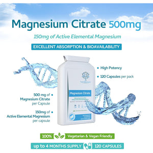 Magnesium Citrate 500Mg 120 Capsules - Providing 150Mg of Active Elemental Magnesium - High Potency - Easily Absorbable - Highly Bioavailable - UK Manufactured