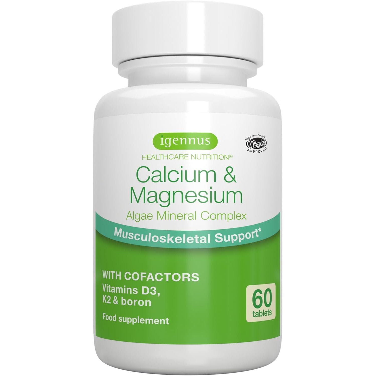 High Absorption Algae Calcium & Magnesium Supplement, plus Vitamin D, K2 & Boron, Clean Label & Plant Based, Non-Gmo Algae Mineral Complex for Bone & Teeth Support, Vegan, 60 Tablets, by Igennus
