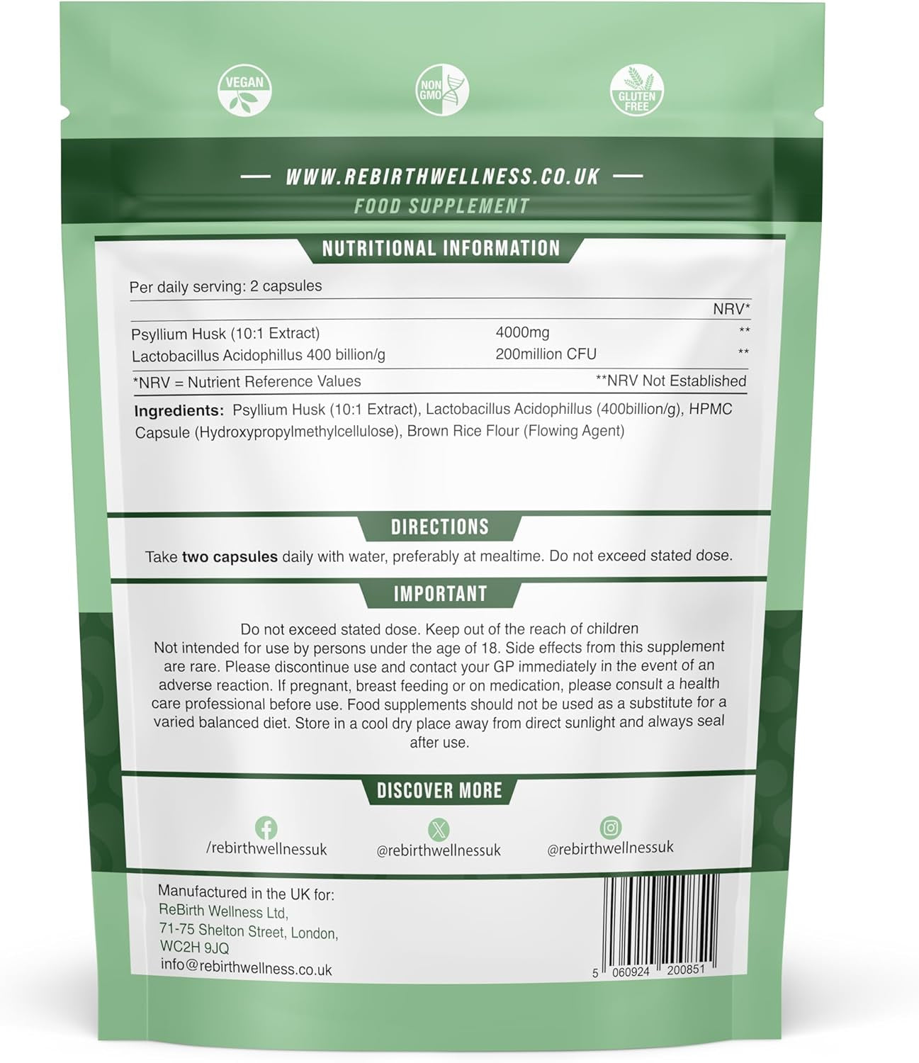 Psyllium Husk Fibre Supplement 4000Mg with Probiotic Acidophilus – 120 Capsules, High Fiber Supplement for Digestion & Gut Health,3Rd Party Lab Tested, UK Made by Rebirth Wellness