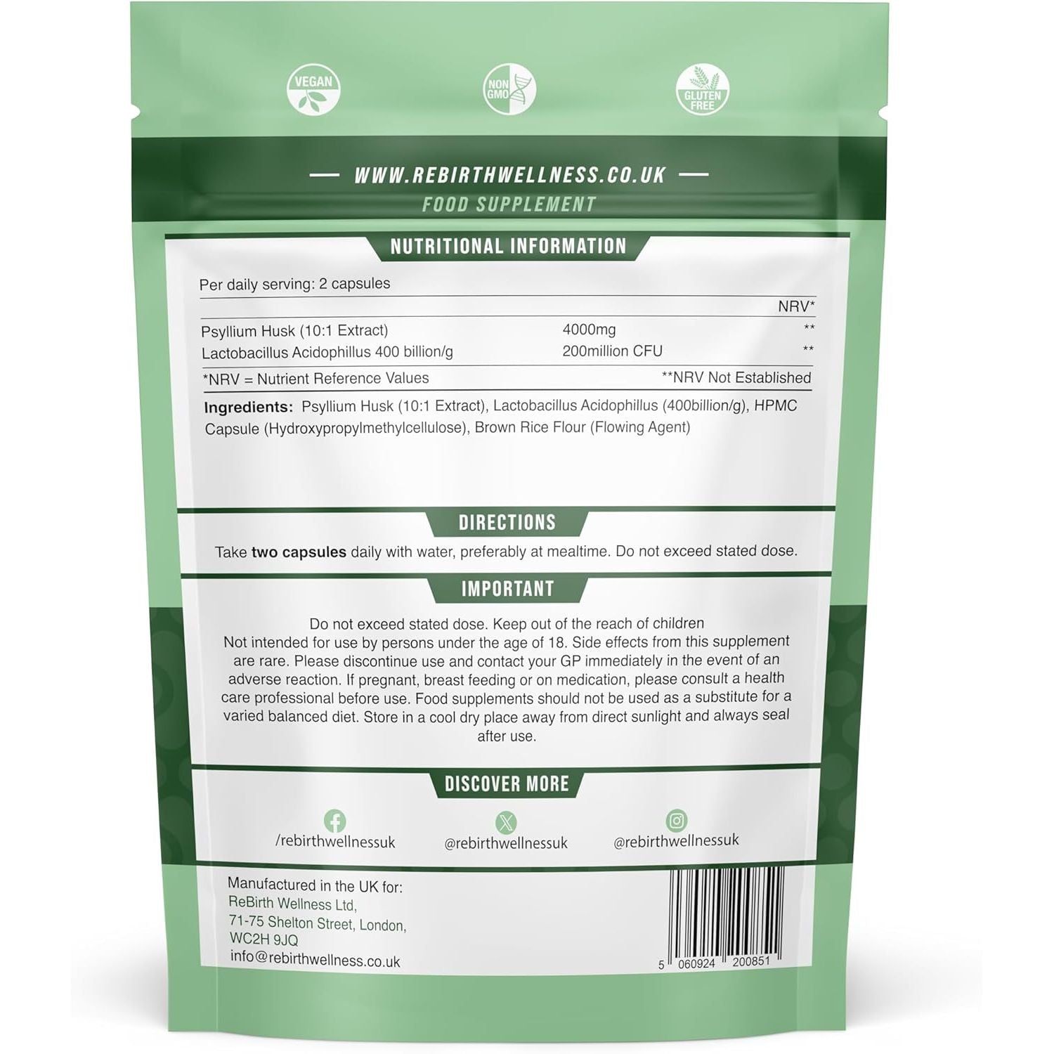 Psyllium Husk Fibre Supplement 4000Mg with Probiotic Acidophilus – 120 Capsules, High Fiber Supplement for Digestion & Gut Health,3Rd Party Lab Tested, UK Made by Rebirth Wellness