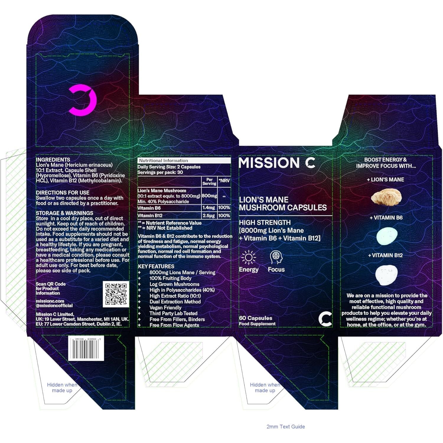 Lions Mane Mushroom Capsules 8,000Mg with Added Vitamin B6 and B12 | Nootropic Supplement for Cognition, Mood, Immunity & Inflammation | 60 Two-A-Day Vegan Capsules - Mission C Lion'S Mane