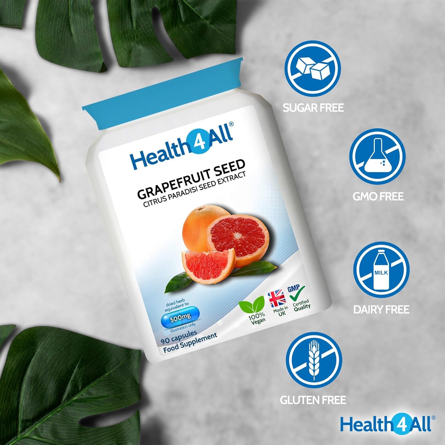 Health4All Grapefruit Seed Extract (GSE) 90 Capsules for Candida and Utis. Herbal Antifungal Candida Cleanse Supplement Capsules (Not Tablets), Vegan | Made in UK