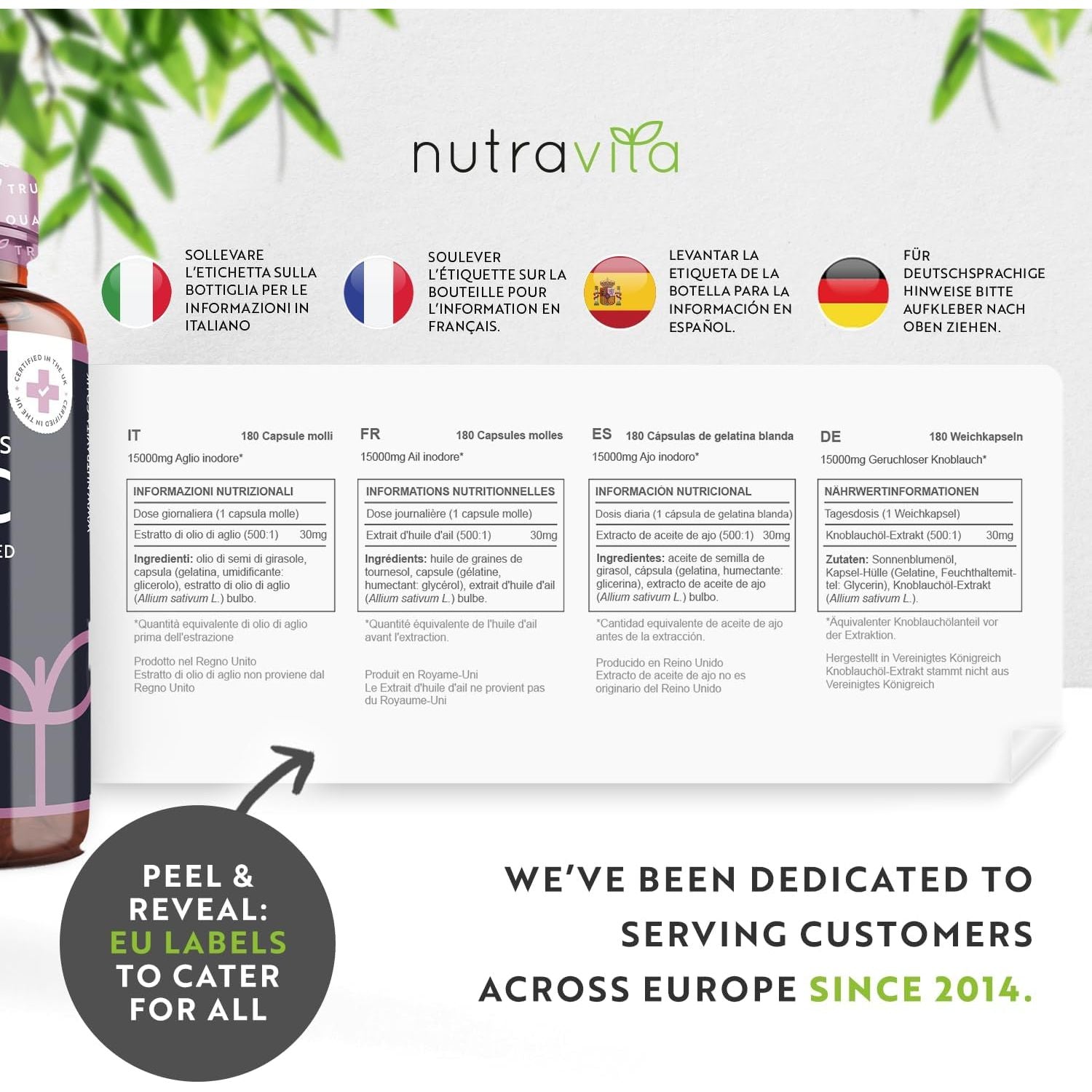 Premium Garlic Capsules - Odourless High Strength 15,000Mg - 180 Soft Gel Capsules of Deodourised Cold Pressed Garlic Oil from Allium Sativum – 6 Month Supply - Made in the UK by Nutravita