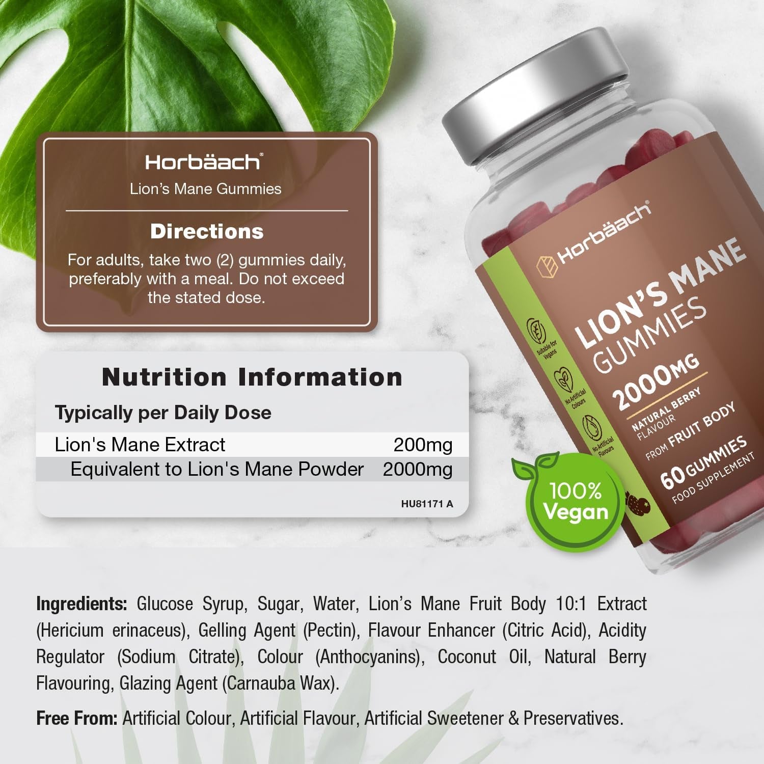 Lions Mane Gummies 2000Mg | High Strength Lions Mane Supplement | Mushroom Extract | Natural Berry Flavour | 60 Vegan Gummies | by Horbaach