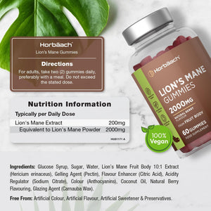 Lions Mane Gummies 2000Mg | High Strength Lions Mane Supplement | Mushroom Extract | Natural Berry Flavour | 60 Vegan Gummies | by Horbaach