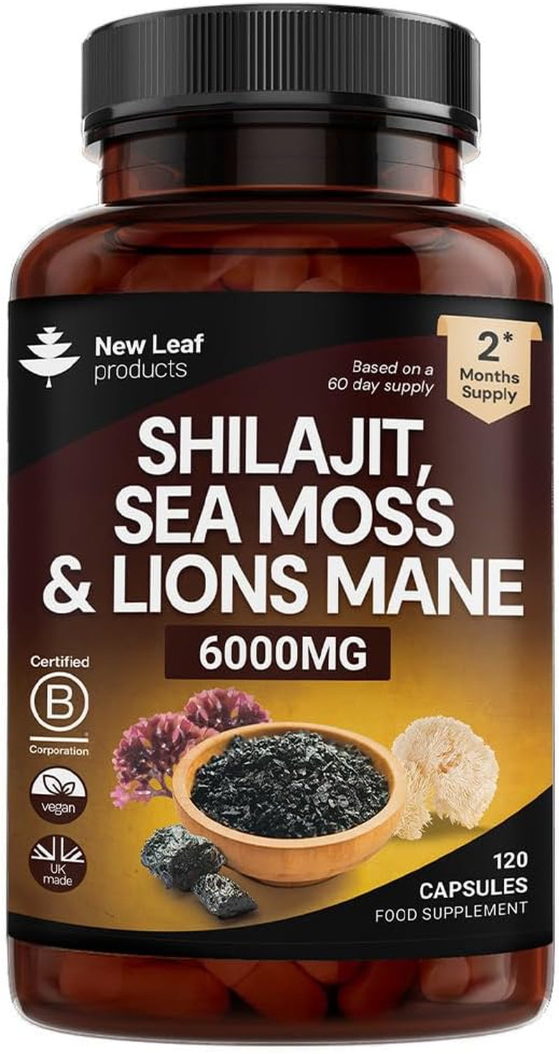 Shilajit Seamoss and Lions Mane Capsules 6000Mg - High Strength Complex - 60% Fulvic Acid Shilajit, Irish Sea Moss, Lions Mane 100% Fruiting Body - Vegan, UK Made 120 Capsules