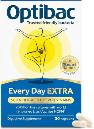 Optibac Probiotics Every Day Extra - High Strength Vegan Digestive Probiotic Supplement with 20 Billion Bacterial Cultures - 30 Capsules