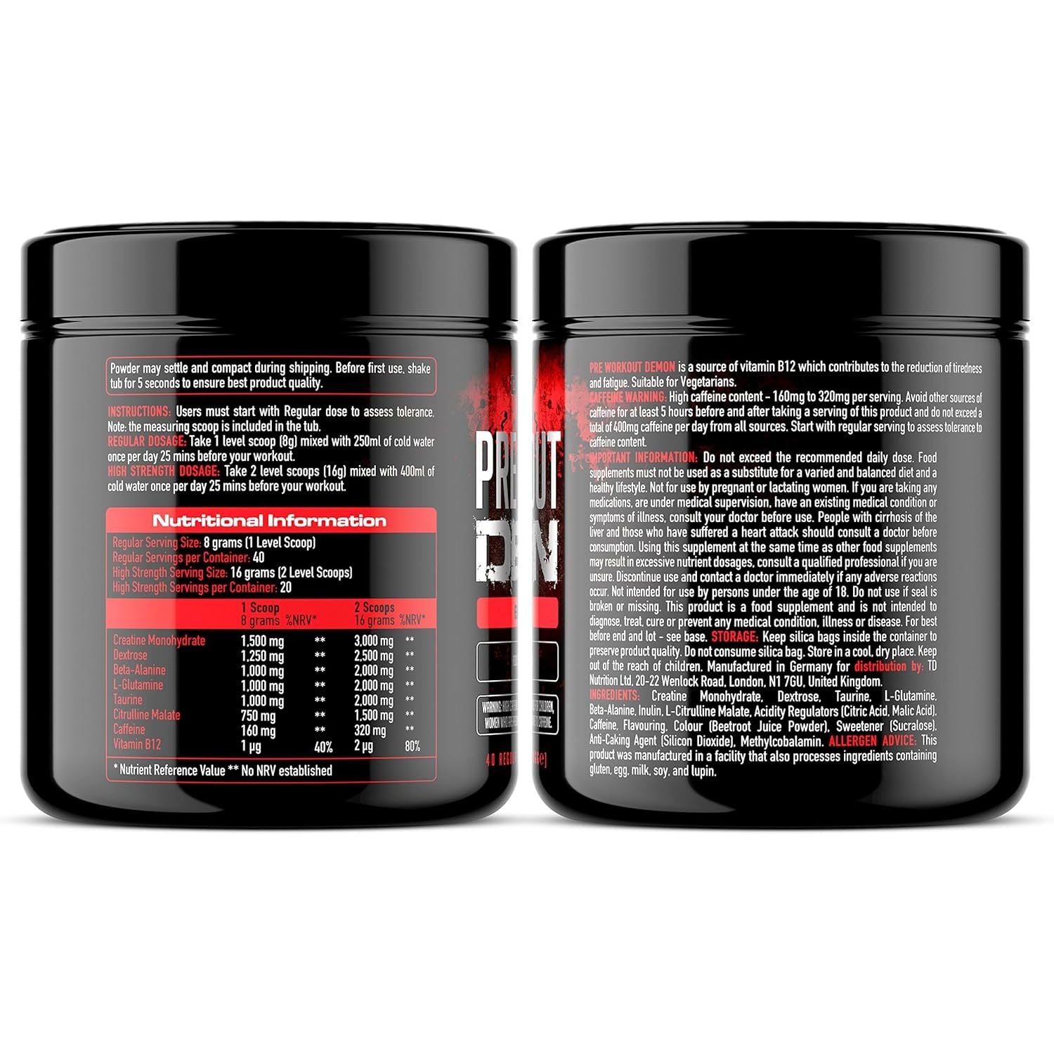 Pre Workout Demon - Advanced Pre-Workout Energy Powder with Creatine, Caffeine, Beta-Alanine & Glutamine, Berry Blast, 360G - 40 Servings