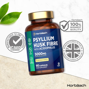 Psyllium Husk Capsules 5000Mg with Acidophilus | Natural Soluble Fibre Supplement with Probio | Plantago Ovata Seed Husk Extract | 90 Vegan Capsules | by Horbaach