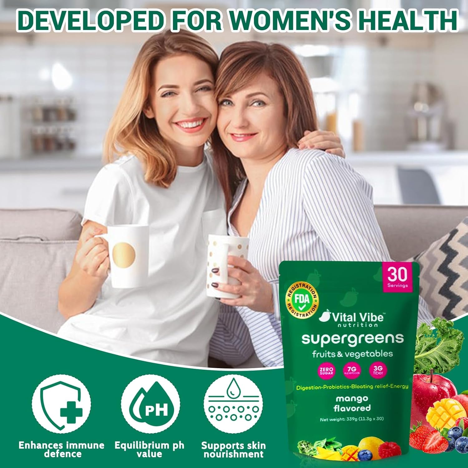 Vital Vibe Super Greens Powder 30 Servings - with Prebiotics, Probiotics & 3G Fiber - Spirulina, Chlorella for Gut Health, Energy & Digestion - Mango Flavor, Vegan, Zero Sugar