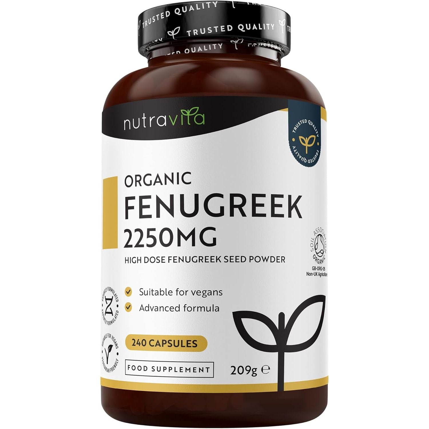 Organic Fenugreek Capsules - up to 8 Months of Supply and 2250Mg, 240 Capsules 100% Pure Fenugreek Powder - Soil Association Certified, Vegan Supplement, Made in the UK by Nutravita