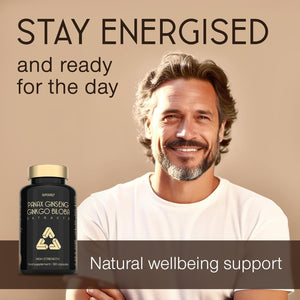 Panax Ginseng Capsules High Strength - 6000Mg Korean Red Ginseng & Ginkgo Biloba for Natural Energy & Focus - Vegan & UK Made - 60 Tablets One-A-Day - Premium Ginseng Root Supplements for Men & Women