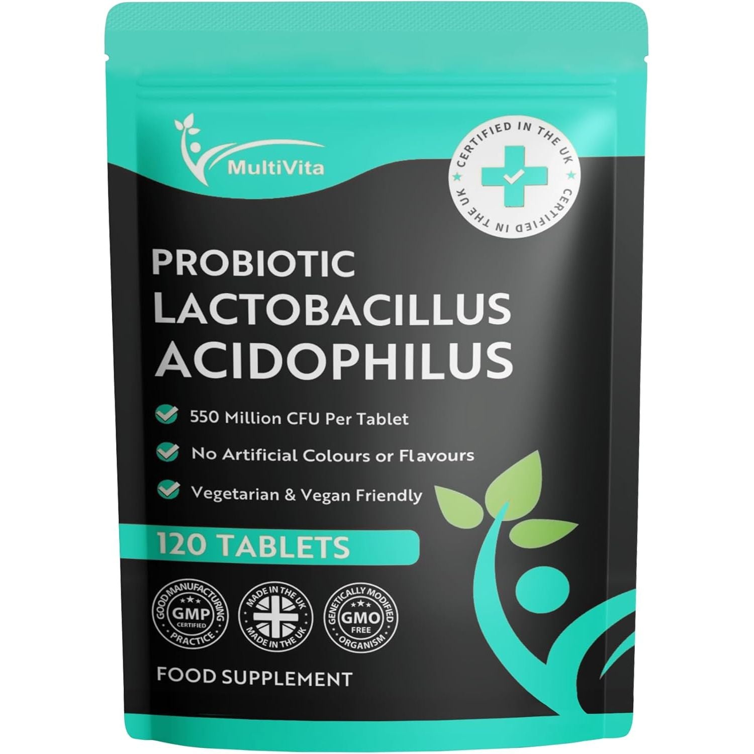 Acidophilus Lactobacillus Probiotic - 120 X 550 Million CFU Tablets - Supports Healthy Gut Microbiome & Digestion System - Reduce Bloating - Probiotic Supplements for Men & Women - Vegan and GMO Free