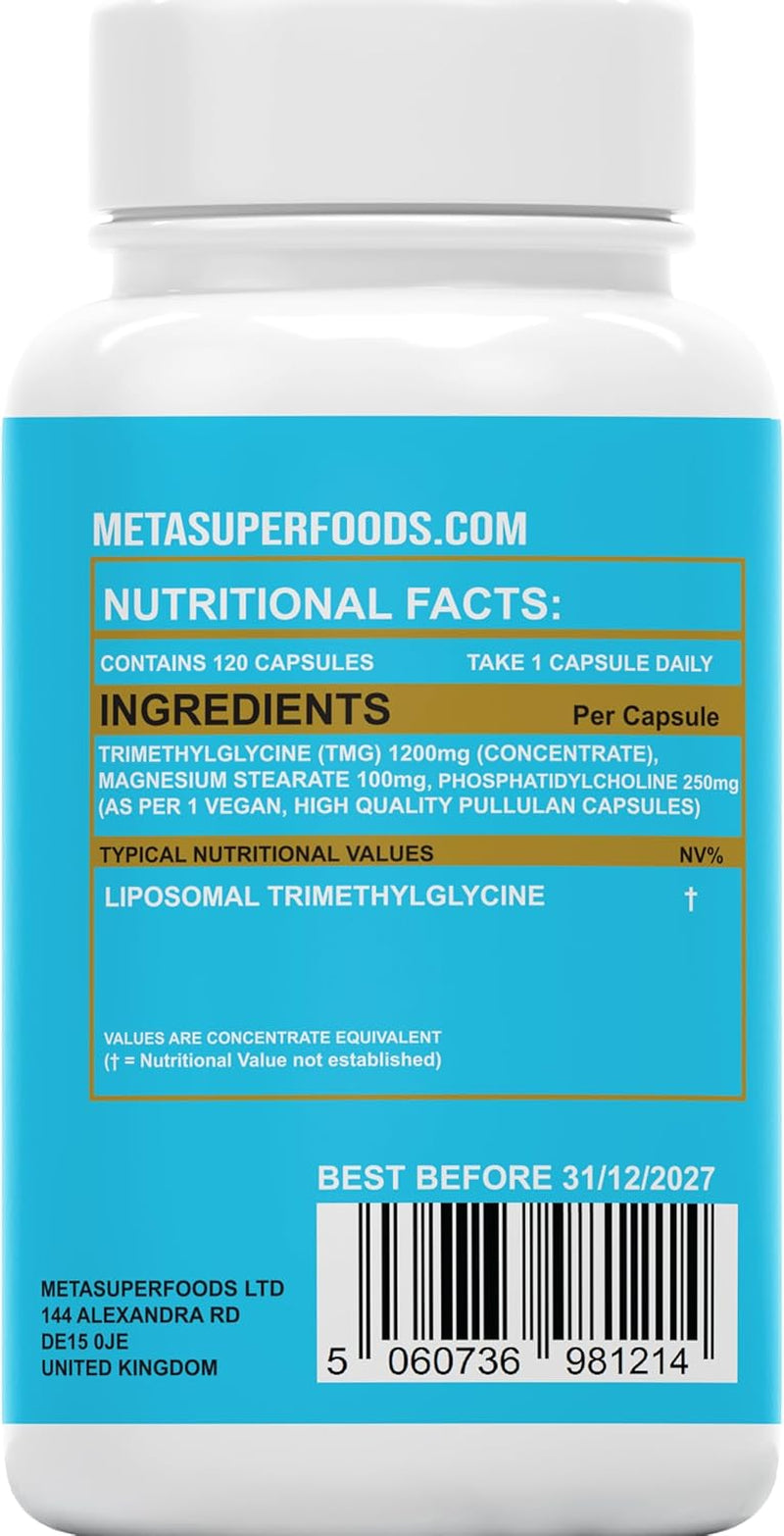 TMG 120 Capsules (1200Mg) 99% Pure Trimethylglycine Supplement as Betaine | High Strength 1-A-Day | 4 Months Supply | Liver Heart Health | Liposomal Delivery for Max Absorption, Longevity, Vegan